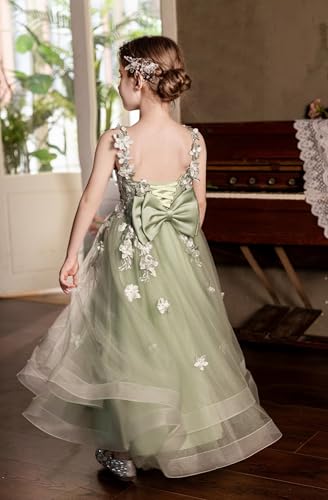 Tulle Flower Girl Dresses for Wedding 3D Floral Appliques Pageant Dress Girls Birthday Ball Gown with Bow3