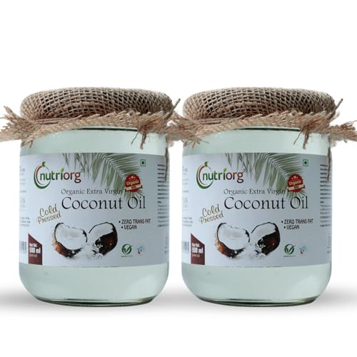 NutriOrg Extra Virgin Coconut Oil 1000mL (Pack of 2)| Cold Pressed, 100% Organic & Pure | Right for Cooking, Massage and oil pulling | Multipurpose use for skin and hair