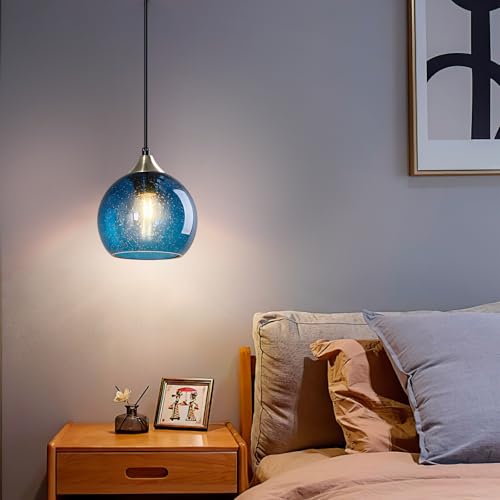 Image of Blue Glass Pendant Lights Kitchen Island Lighting Globe Pendant Light Fixtures Modern Pendant Lighting for Kitchen Island Bedroom Living Dining Room Light Fixture(5.9in, 1-Pack)