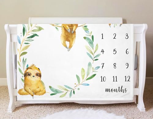 Image of Yuzioey Sloth Milestone Blanket, Safari Baby Growth Chart Monthly Blanket, Watch Me Grow Sloth Baby Nursery for New Moms Shower(50 inchx40 inch)