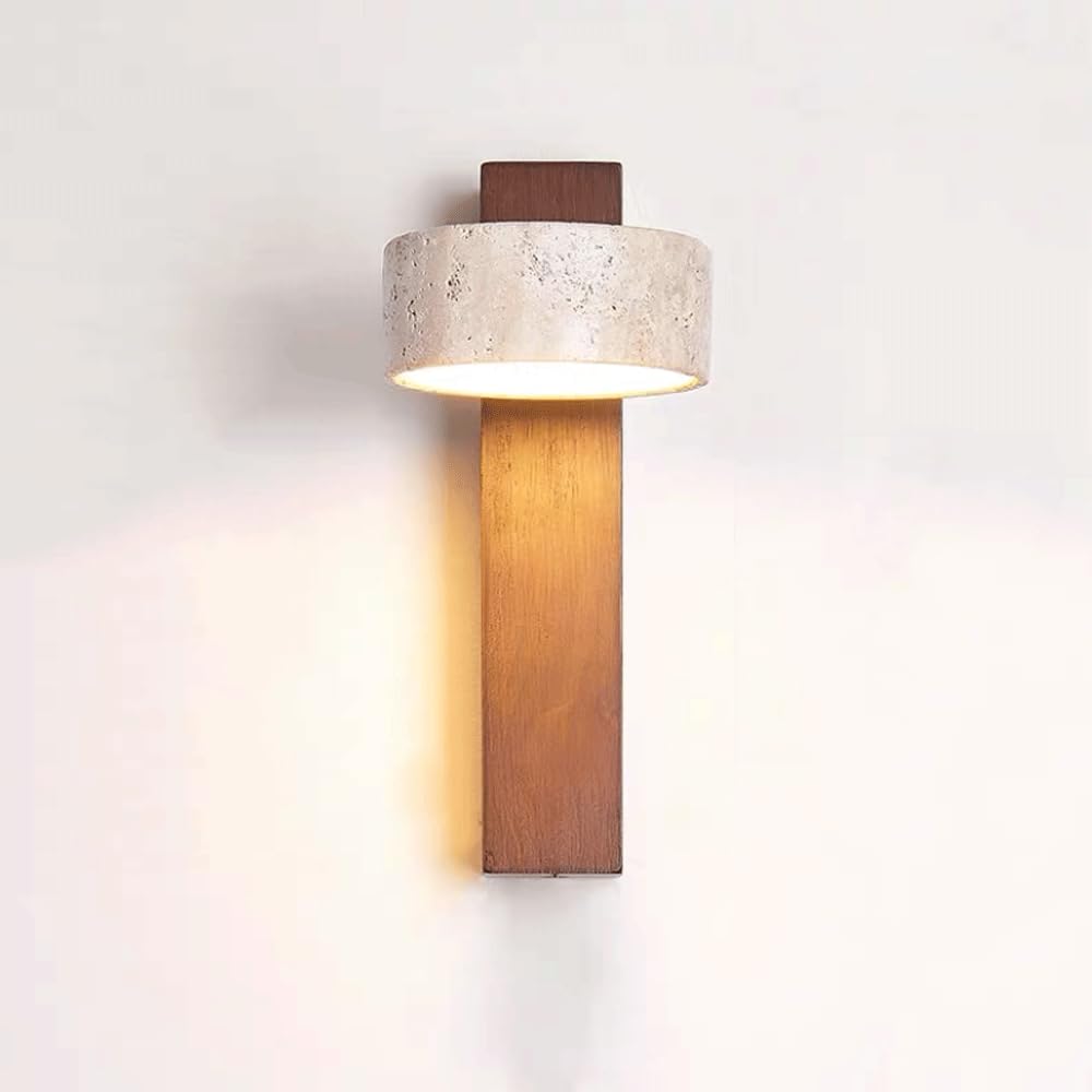 HUAYUSEDF 180° Rotating Bedside Reading Lamp Wooden Wall Mount Light Rectangle Wood Sconce Acrylic Shade, Adjustable Cylindrical Yellow Travertine Art, 9W, 3000K(Walnut)