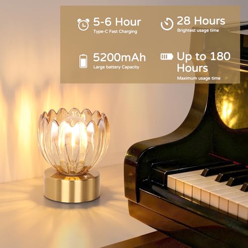 Image of Shenmoyl Cordless Small Table Lamp with 5200mAh Battery & Touch Control, Battery Operated Tulip Table Lamp with 3 Colors, Rechargeable Mini Table Lamps for Bedsides, Bedroom, Nightstand (Amber)