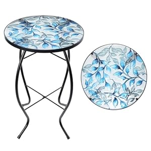 MUMTOP Side Patio Tables-Mosaic Outdoor Side Table - 14’’ Blue and Transparency Leaf Glass Accent Round End Table, Plant Stand Indoor Small Coffee Table for Garden or Living Room Decor MUMTOP Side Patio Tables Mosaic Outdoor Side Table 14 Blue and Transparency Leaf Glass Accent Round End Table Plant Stand Indoor Small Coffee Table for Garden or Living Room Decor