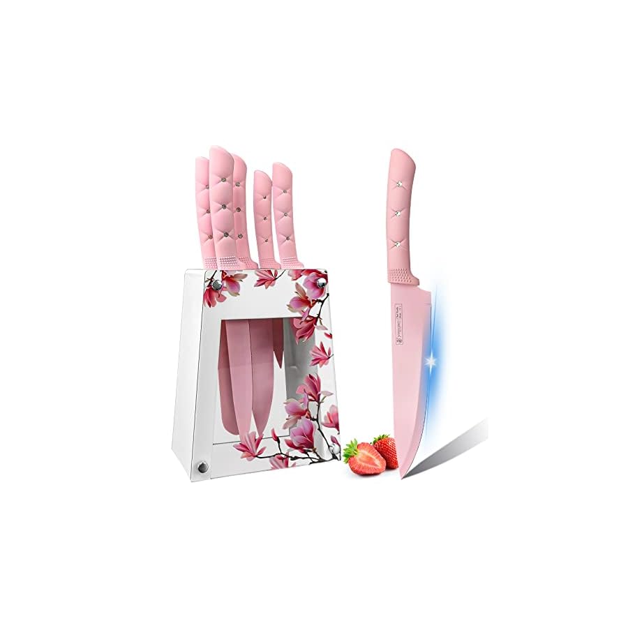 Kitchen Knife Set, Retrosohoo Pink Flower 6PC Stainless Steel Sharp Chef Cooking Non-slip Knife Set with Acrylic Stand & Block, Non-stick Colorful Coating Gift for Women Girls (Pink)