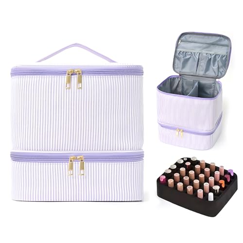 RuiDay Sac de Rangement Vernis à Ongle, Couche Double Trousse Maquillage, Malette Onglerie Organisateur 30 Bouteille & Lampe à Ongles, Trousse de Toilette...