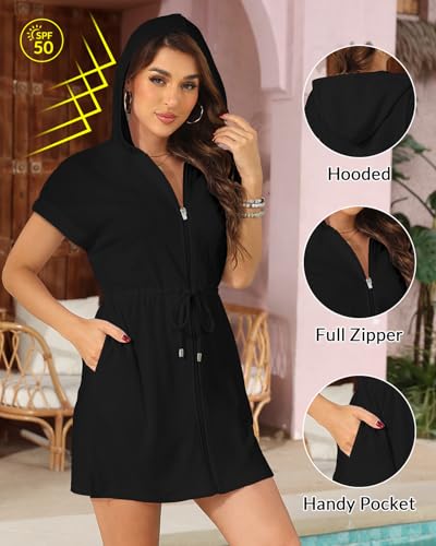 Terry Cloth Cover Ups - Hooded Cotton Swim Sun Cover-up with Zipper Pockets Beach Swimsuits2