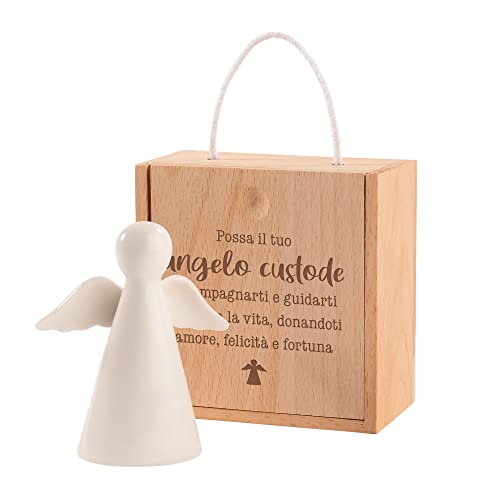 Casa Vivente Scultura Angelo Custode in Ceramica Bianca, Confezione Regalo in Legno con Incisione Benaugurale, Dono Portafortuna per Adulti e Bambini