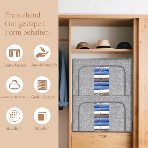 Eyeleaf Faltbare Kleidung Aufbewahrung Mit Reißverschluss & Metallrahmen Feuchtigkeitsresistente Aufbewahrungsbox 66L- Leinenstoff Material, Stabile Organizer für Kleidung, Aufnehmen Bettwäsche