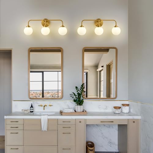 Image of Bathroom Light Fixtures - 3 Light Brushed Brass Vanity Light Over Mirror for Bathroom Mirror Living Room Bedroom, Gold Bathroom Wall Sconce with Frosted Glass Shade, 3 G9 Bulbs Included