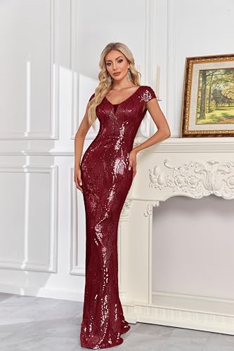 Image of XUIBOL Womens Sequined Short Sleeves Long Formal Dress with V-Neck for Evening Event Nightout Club Gown Silver Paillette