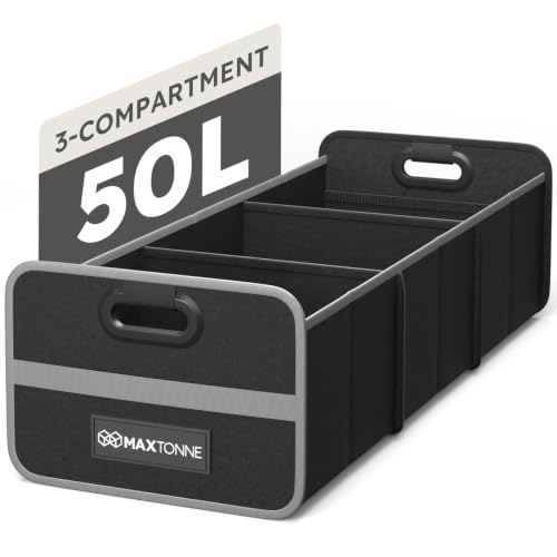 Maxtonne Car Boot Organiser Heavy-Duty 600D Oxford Collapsible Storage Box with 3- Compartments & Securing Straps Foldable Tidy for SUV/Hatchback/Estate Car (50L)