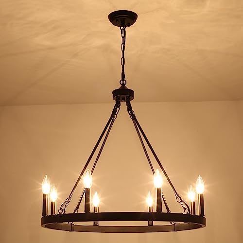 Image of 8-Lights Black Wagon Wheel Chandelier 26 inch Industrial Hanging Light Fixture for Dining Room Farmhouse Round Chandeliers for Living Room Foyer Hallway Kitchen Island Entryway