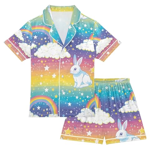 senya Rabbit Rainbow Cloud Satin Summer Pajama Sets Silk Short Sleeve Button Down Sleepwear