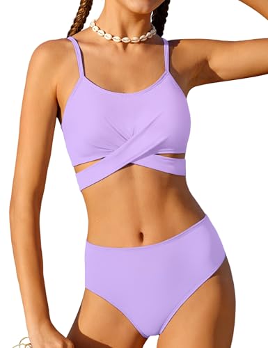 AGERWAY Girls Swimsuit Size 14-16 Swimsuits for Teen Girls Criss Cross Bikini Set Two Piece Adjustable Shoulder Straps Bathing Suits for Teens Purple Solid Color 15-16 Years