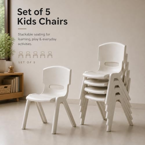 Image of eHomeKart Kids Chair Set of 5 -Children Study Chairs 33x30x46 cm - Non-Toxic BPA-Free Safe Rounded Edges Plastic - Lightweight Sturdy Stackable Chair for Kids - Playroom School Home Kindergarten