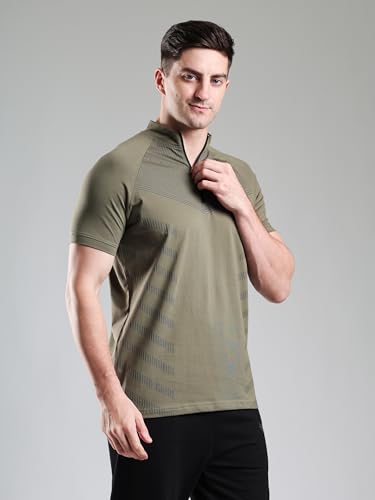 Image of GROW Stylish Aeroflex Zip T Shirt for Men Workout | Cotton and Spandex Quarter Zip Back Printed Collar T-Shirts for Men Half Sleeves