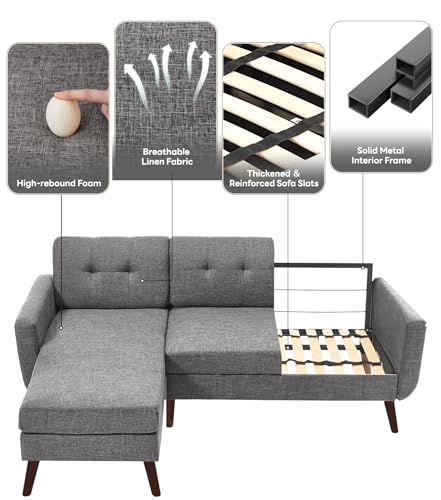 Image of Kingfun L Shaped Couch, 80 inch W Mid-Century Modern Sofa, Sectional Couches, 3 Seater Sofas with Wide Chaise Lounge, Button Tufted Upholstered Sectional Sofa for Living Room, Bedroom, Gray