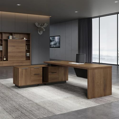 Image of Home & Office Director Table Made in Particle Board with Side Unit L Shape Design Office Desk Multi Drawer Openable Shutter-Brown Color 5-Year Warranty & Free Assembly (LDL-551)