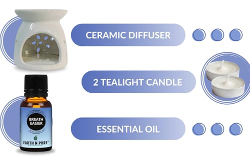 Image of Earth N Pure Ceramic Aroma White Diffuser Burner with 10Ml Breath Easy Essential Oil Blend & 2 Pcs Candles Strong & Long-Lasting Fragrance | Perfect for Gift Set