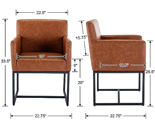 Image of HNY Mid Century Modern Upholstered Dining Chairs with Arms Set of 2, Faux Leather Accent Chairs with Black Finish Metal Frame, 19 inch Wide Arm Chairs for Living Room Kitchen Bedroom, Brown