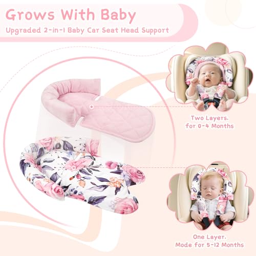 Image of Baby Car Seat Head Body Support & Strap Covers, 2 in 1 Infant Car Seat Insert, Reversible Soft Breathable Newborn Cushion Pads for Preemie, Perfect for Baby Carseats, Strollers, Swings (Floral)
