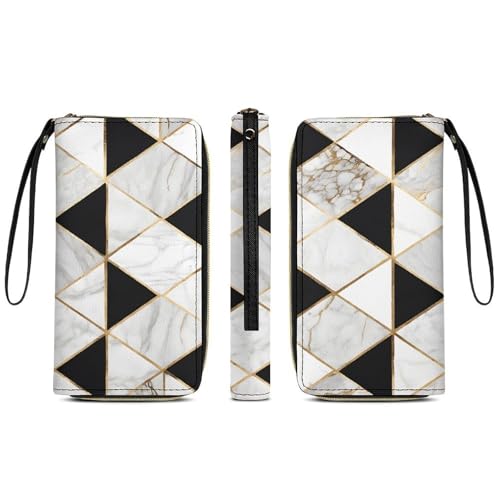 Black And White Marble TexPrint Long Wallets PU Leather Clutch Purse Card Holder Wallet, with Wristlet Zip Around Long Wallet for Women & Men3
