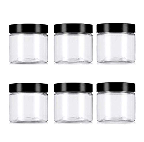 VASANA Lot de 6 pots vides en plastique transparent avec couvercles noirs - 250 ml - Pour crèmes, lotions, pommades et cosmétiques - Pour gommages, lotions, cosmétiques et beurres