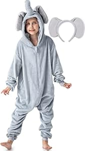corimori Flauschiges Elefanten-Kostüm für Kinder mit Haarreif | Karneval Fasching Kostüm Onesie für Mädchen, Jungen | Körpergröße 90-110cm