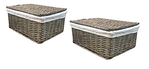 topfurnishing 2 x Oak Natural Lidded Wicker Storage Basket Toy box Empty Xmas Hamper Basket Lining[Set of 2 Small 30x20x11.5 cm,Oak]