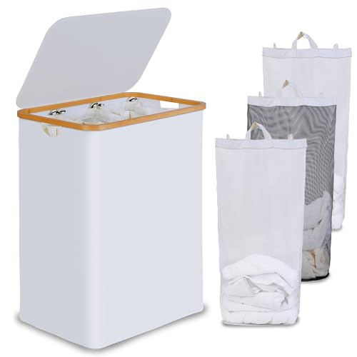 efluky Cesto de lavandería con tapa, cesta doble para la ropa sucia con 2 bolsas extraíbles, cesta de lavandería de 2 secciones con asas de bambú para baño, dormitorio y lavandería (blanco, trío de