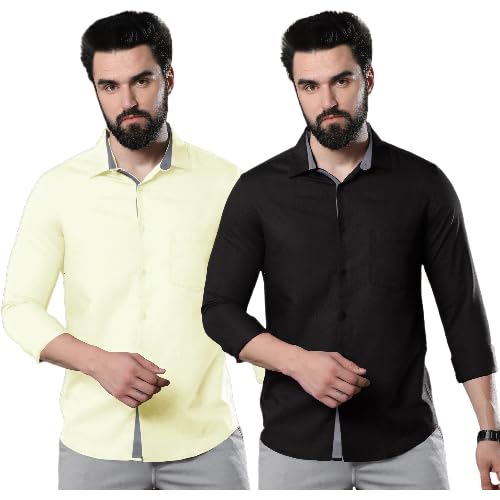 Image of Pinkmint Combo of Men Casual Cotton Blend Full Sleeves Formal Regular Slim Fit Plain Office Shirts
