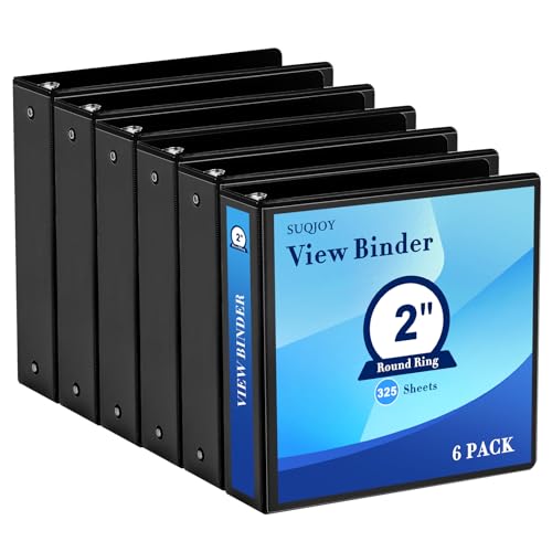 2 Inch 3-Ring Binder 2 Round Ring Binder with 2 Inside Pockets 6 Pack Black Binders Clear View Cover Holds Up to 450 Sheets 8.5 x 11 PaperStudy Binders for Office/Home/Back to School