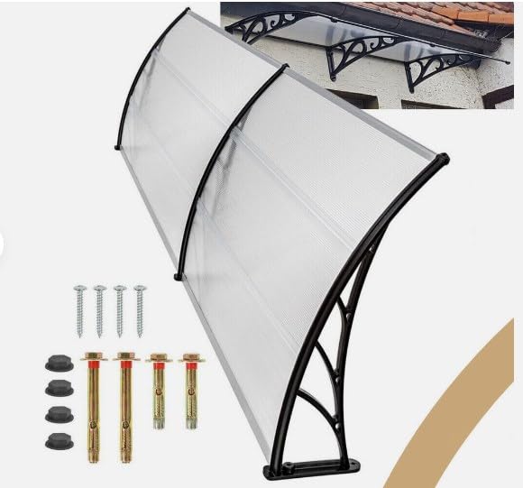 Marquesina para puerta de casa, 120 cm/200 cm, policarbonato transparente, toldo de arco transparente, protege contra la lluvia, la nieve y los rayos UV, color blanco