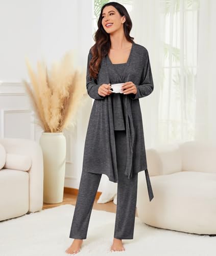 Image of SWOMOG Maternity Nursing Robe Set 3 Piece Breastfeeding Pajamas 3 in 1 Labor Delivery Sleevless Tops&Long Pants Pregnancy Pjs