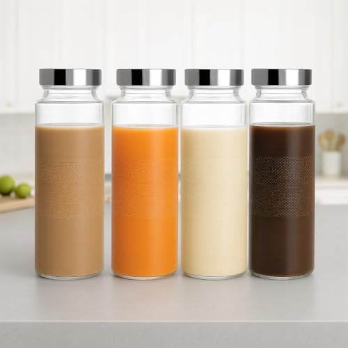 Image of Glass Water Bottle 500ml Pack of 4, Borosilicate Glass Bottle with Stainless Steel Leakproof Airtight Lid, BPA Free Reusable Drink Bottle for Juice, Water, Smoothies, Gym, Office & Travel