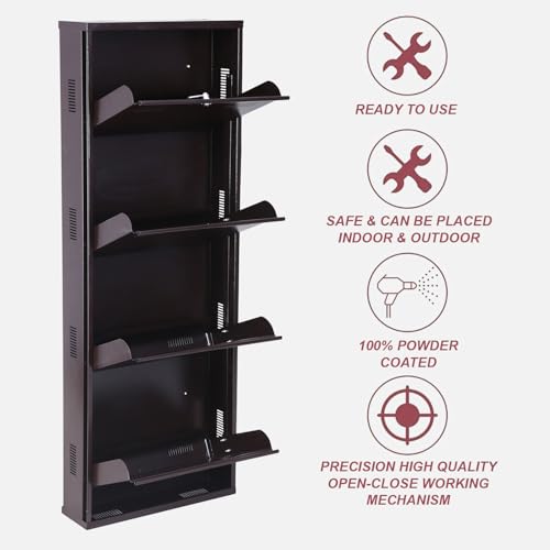 Image of Metal Shoe Rack Wall Mounted for Home with Central Locking | 4 Door 20 inch Wall Mounted Metal 8 Pair Shoe Rack Cabinet | Pre-Assembled Rack Shelves | 3 Year Warranty (Brown)