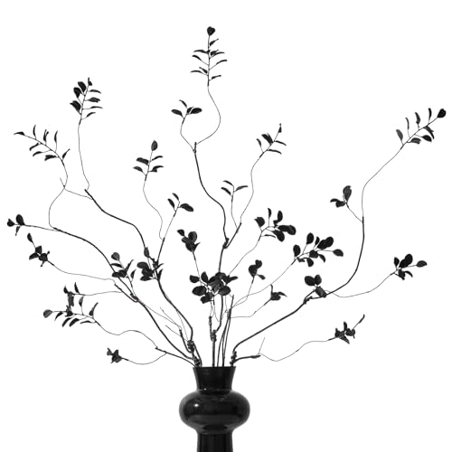 LINSIE 4 Pcs 38.5 Tall All-Black Artificial Branches with Leaves Realistic Faux Ficus Greenery Stems Bendable Fake Plant Twigs for Tall Floor Vases Home Centerpiece Office & Spring Decor
