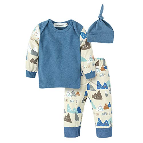 Image of BIG ELEPHANT Baby Boys'3 Pieces Long Sleeve Graphic Top Pants Set with Hat Blue