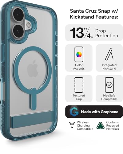 Image of ZAGG Santa Cruz Snap with Kickstand Case for iPhone 16 - MagSafe Compatible, 13ft Military-Grade Drop Protection, Reinforced with Graphene, Slim Clear Case with Vibrant Color Accents, Retro Blue