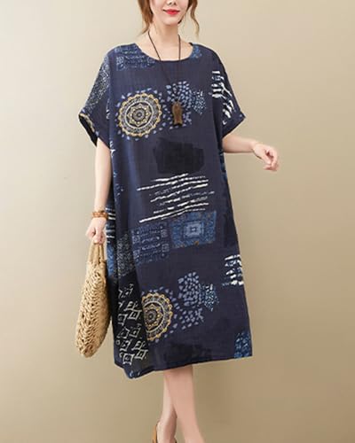 Image of LUZU JUNU Women's Summer Baggy Plus Size Loose Cotton Linen Long Boho Beach Dress with Pockets