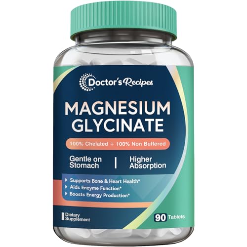 Doctor's Recipes Magnesium Glycinate, Chelated Magnesium with High Absorption & Non-Buffered, Easy on Stomach, No Gluten, Bone, Nerve & Energy Support, 90 Tablets