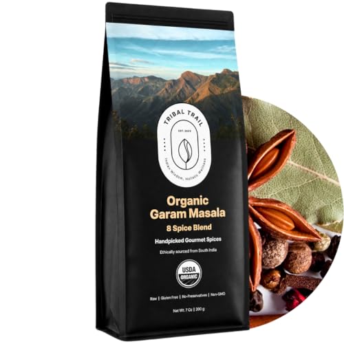 Tribal Trail Organic Garam Masala Spice Powder | 8 Spice Blend | 7.05 oz | USDA Organic &amp; Non-GMO | Recyclable Kraft Bags | Best for Curries, Stews, Meat &amp; Rice Dishes | Ethically Sourced Spices from India