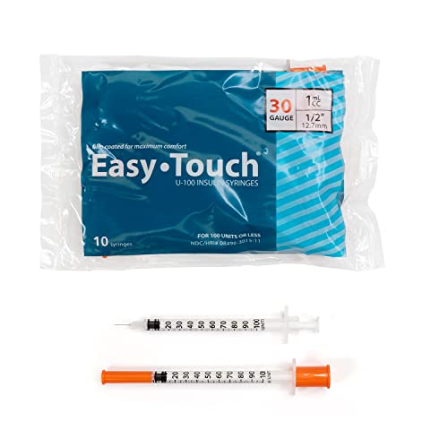Easy Touch U-100 Insulin Syringe with Needle, 30G 1cc 1/2-Inch (12.7mm), Box of 100