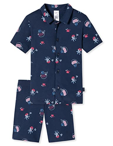 Schiesser Jungen Pyjama Kurz Pyjamaset, dunkelblau Gemustert, 128