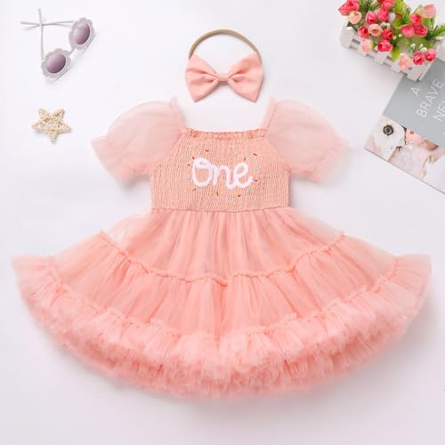 ODASDO Baby Girls Donut First Birthday Outfit Puff Short Sleeve Smocked Ruffled Tulle Tutu Princess Dress with Headband2