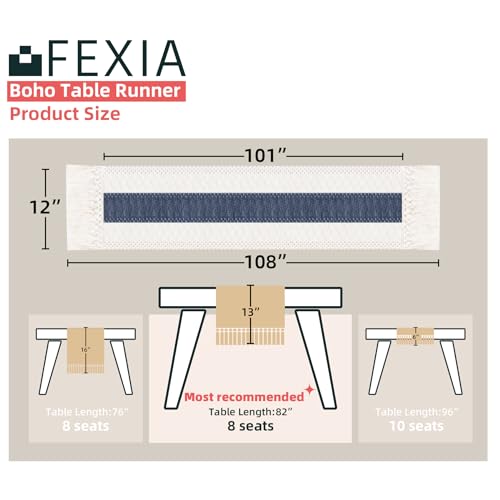 Image of FEXIA Boho Blue Table Runner 108 Inches Long with Tassels Macrame Farmhouse Summer Style Graduation Party Rustic Wedding Baby Shower Dining Kitchen Living Room Decor (12x108 Inches)