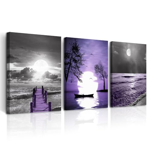 DZRWUBHS Frame Wall Decor For Living Room Inspiration Canvas Wall Art For Bedroom Office Decorations Black And White Wall Pictures Artwork Purple ocean Landscape Painting Modern Large Home Decor