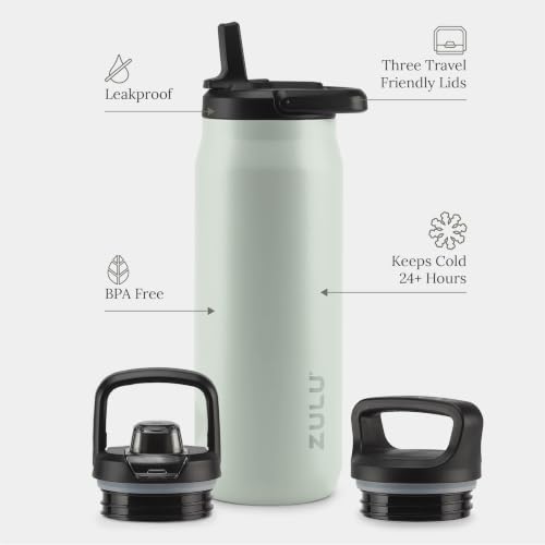 Image of ZULU Base 32oz Stainless Steel Water Bottle with 3 Lids- Straw, Chug, Twist | Double Walled and Vacuum Insulated Metal Thermos | For Gym, Outdoor | Built in Carry Loop, Dishwasher Safe, Sage