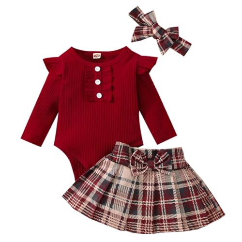 LUVCES Ensemble Nouveau-né Fille Tenue d'Automne Hiver Manches Longues Body Tricoté avec Jupe à Carreaux 3 Pièces Vetement Bebe Fille de Noël 3Pcs...