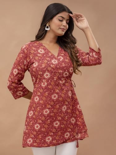 Image of feranoid Floral Print Angrakha 3 Sleeves Flared Kurti